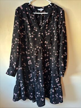 Time and Tru Walmart Black Floral Long-Sleeve Tiered Dress w/ Pink Blossoms